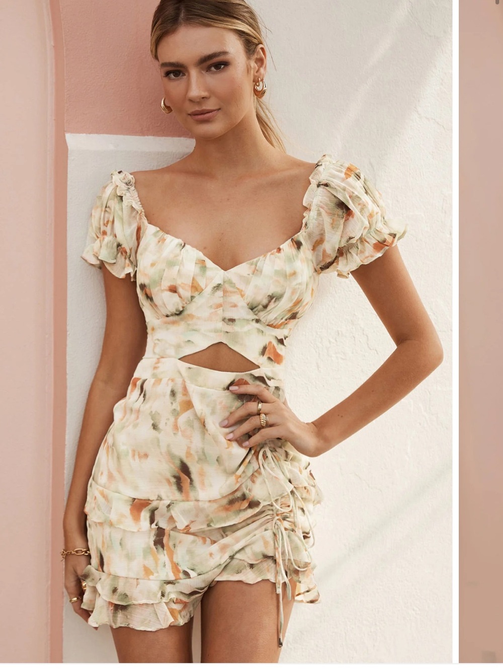Selfie Leslie Watercolor Floral Cutout Mini Dress in Cream, Orange & Green